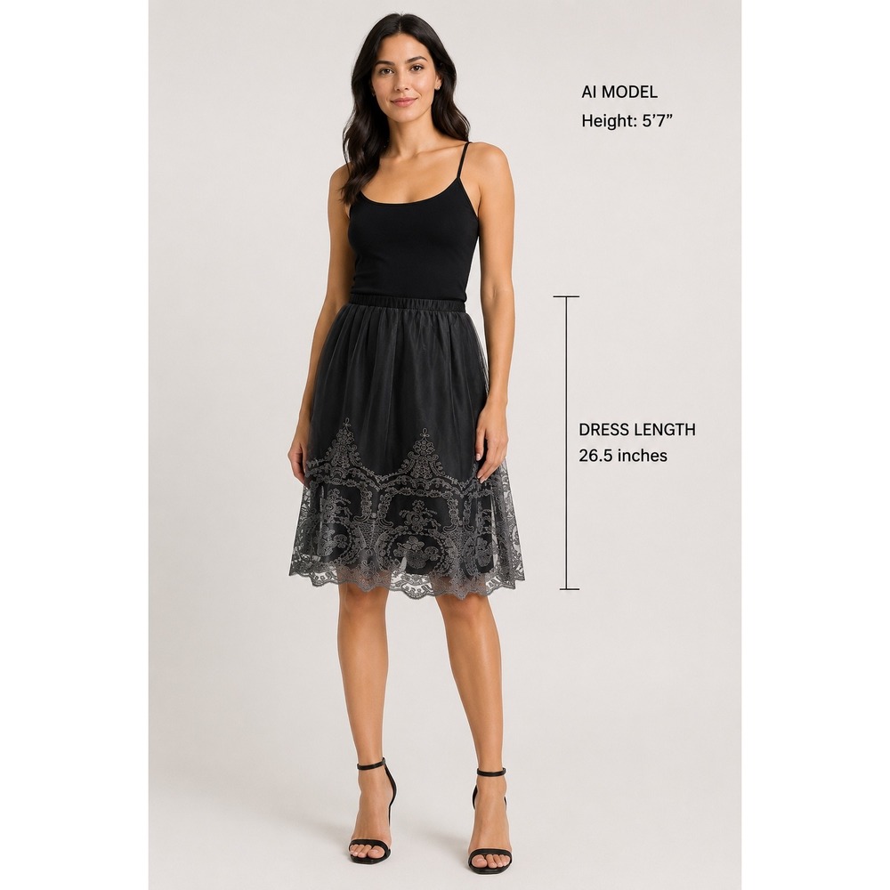 Soft Surroundings Black Mesh Embroidered Lace Trim Midi Skirt Small - Picture 10 of 10